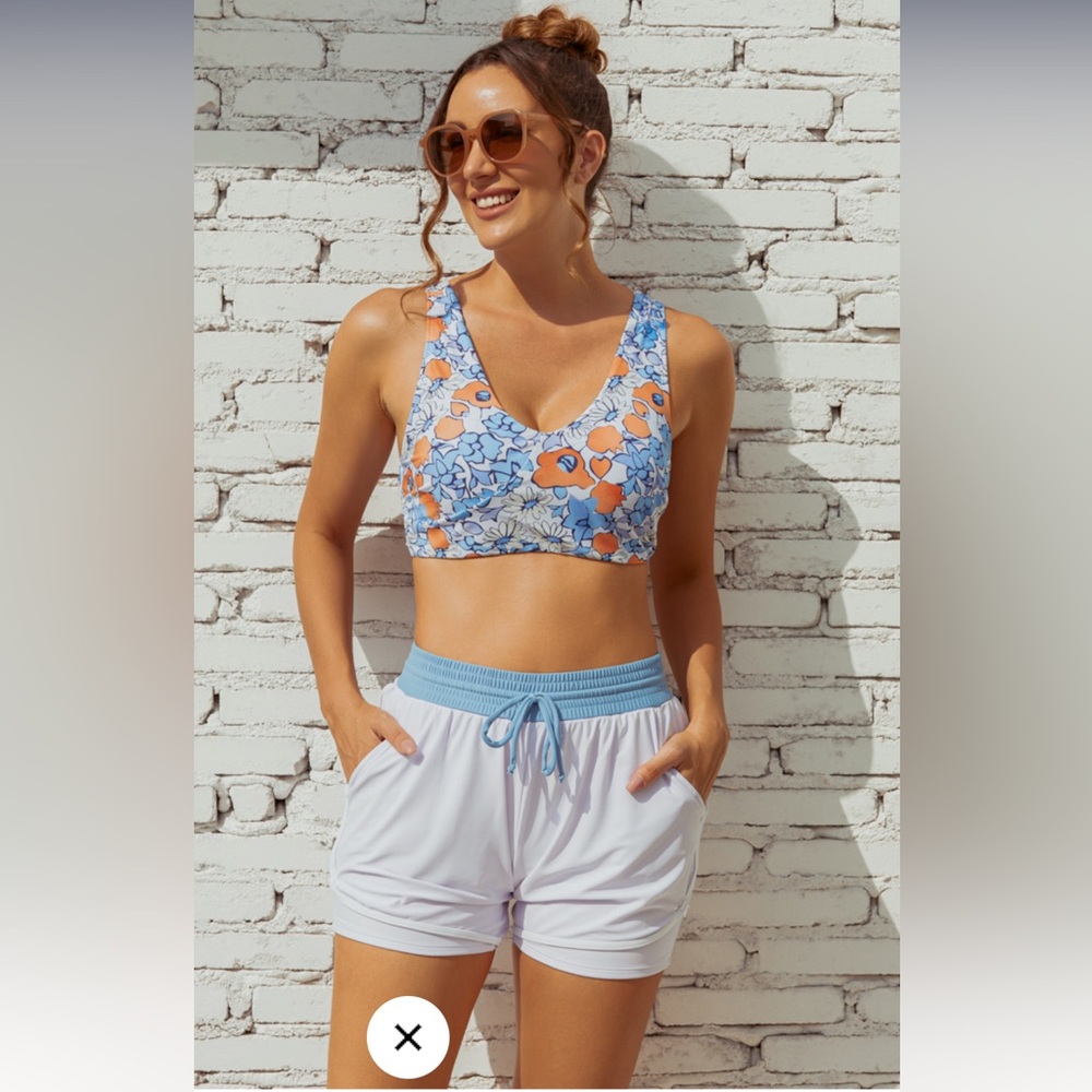 NWT SeaFancy Floral Sporty Bikini Top And White High-Waist Boy Shorts, XS
